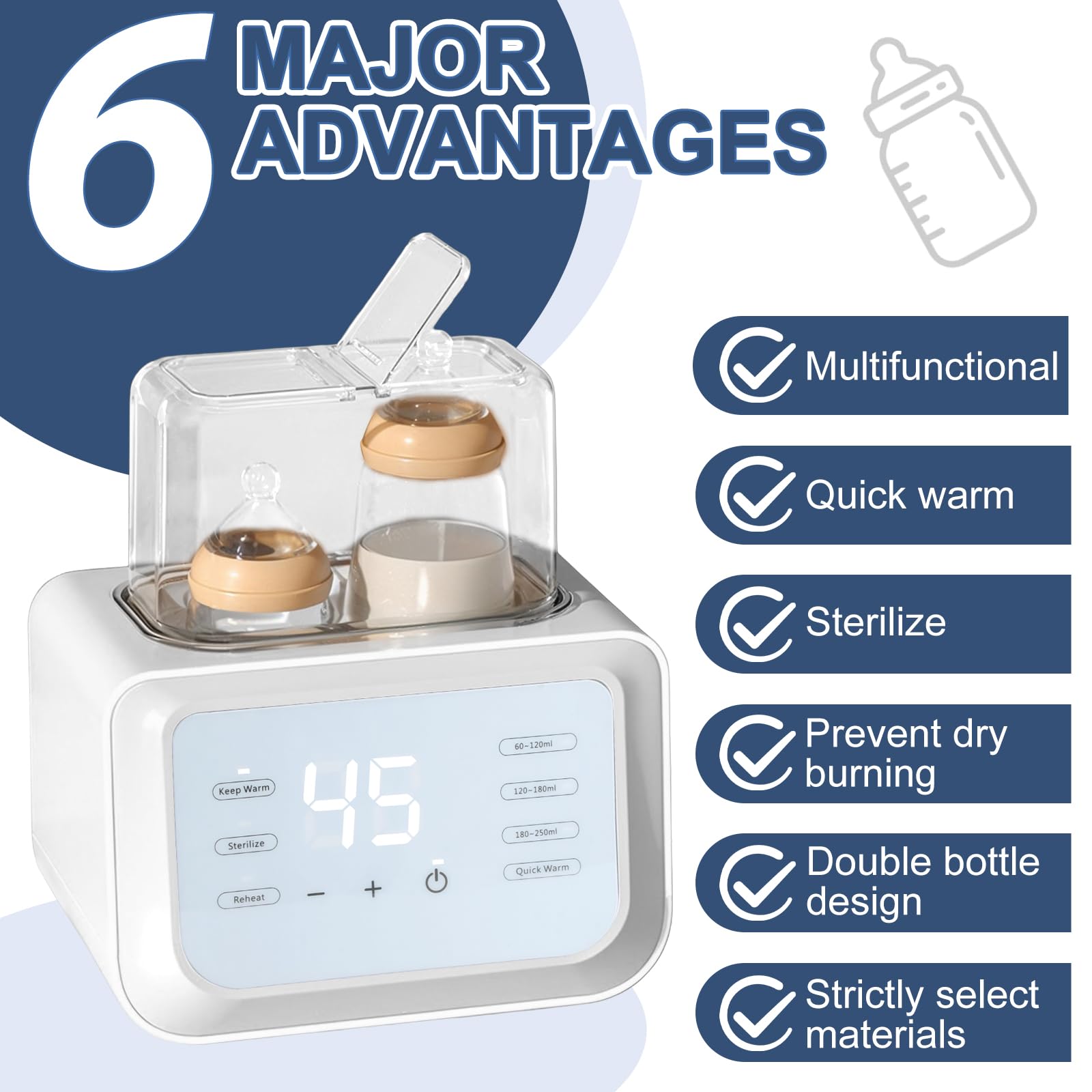 Scaldabiberon e Sterilizzatore Multifunzione 8-in-1, Biberon sterilizzatore Senza BPA, Riscaldamento Rapido, Scongelare, Scalda per Latte Materno, Scaldabaschette per Bambini con Display LCD