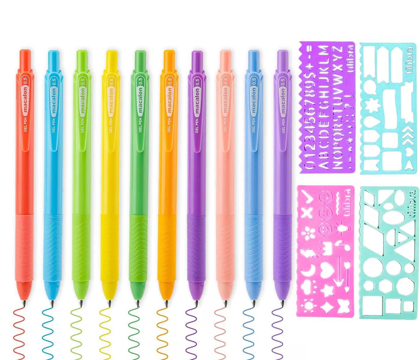 10 Pack Retractable Coloured Gel Pens with 4 Pcs Stencil Set,10 Colors, 0.5mm Fine Point Colorful Pens for Note Taking & Drawing,Smoooth Writing Multicolor Gel Pens for School Office & Home (Macaron)