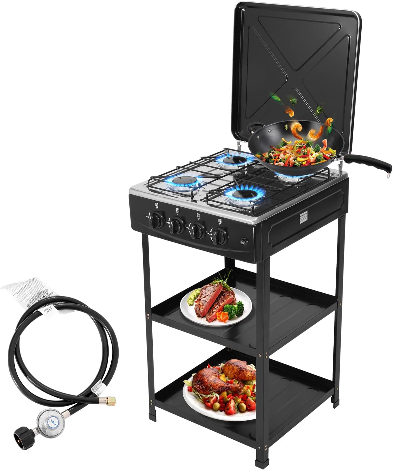 forimo Propane Gas Stove 4 Burner Propane Burner with Support Leg Stand and Wind Blocking Cover Adapter Portable Gas Stove Auto Ignition Camping Stove 4 Burner LPG for RV, Apartment, Outdoor Cooking