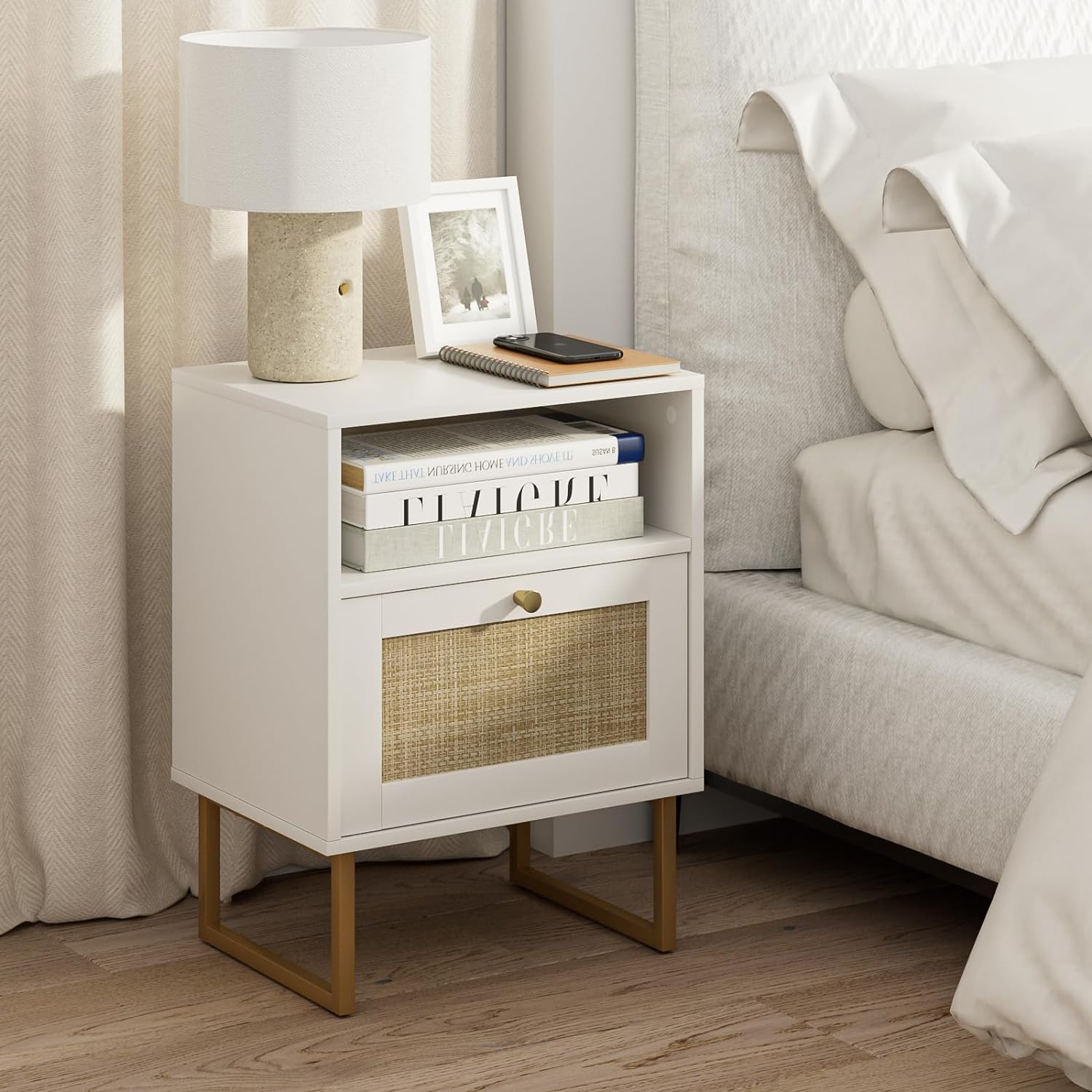 HEYZOEY Table de Chevet Moderne en Bois avec tiroir et étagère Ouverte, Petite Table d'appoint avec Cadre doré pour Chambre, Salon, Bureau (Blanc)