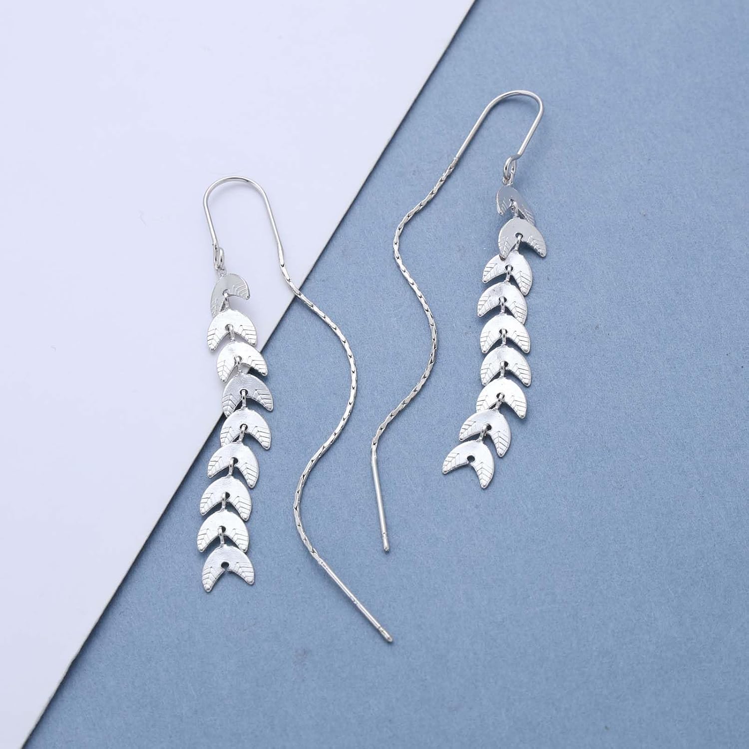 Andelaisi Long Chain Tassel Threader Earrings Long Pull Through Earrings Leaf Threader Earring Threader Dangle Drop Earring for Women - Image 3