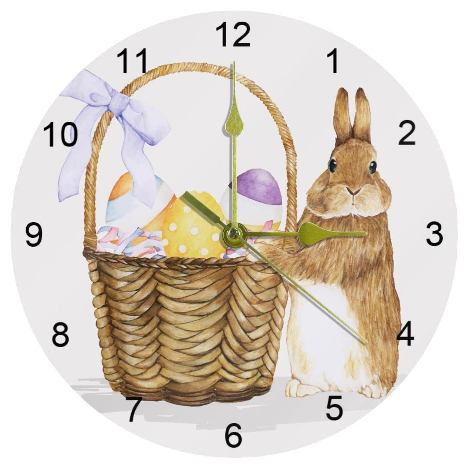 Horloge murale lapin de Pâques ronde et silencieuse de 25 cm