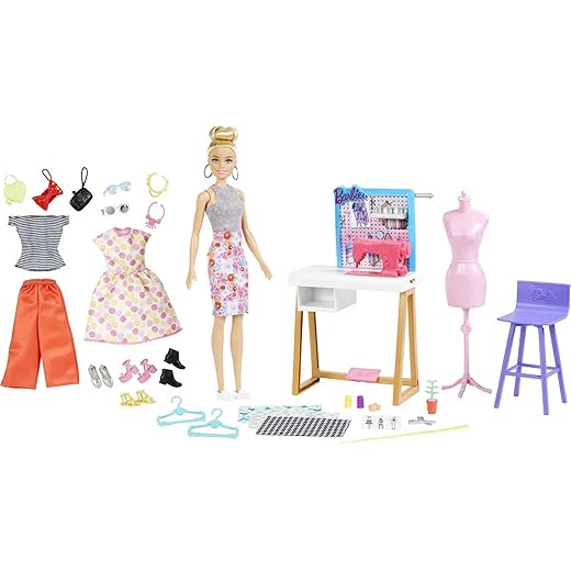 Barbie Fashion Designer Doll (12-in), & Studio, 25+ Design & Fashion Accessories, Design Desk, Chair, Sewing Machine, Fabric Swatches, Mannequin & More, Ages 3Y+