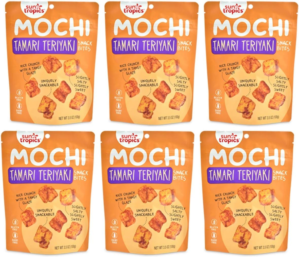 Sun Tropics Mochi Snack Bites Tamari Teriyaki Flavor, 3.5 oz (Pack of 6) | Crispy Crunchy Mochi Rice Bites | Gluten Free, Dairy Free, No MSG Added Asian Rice Snacks