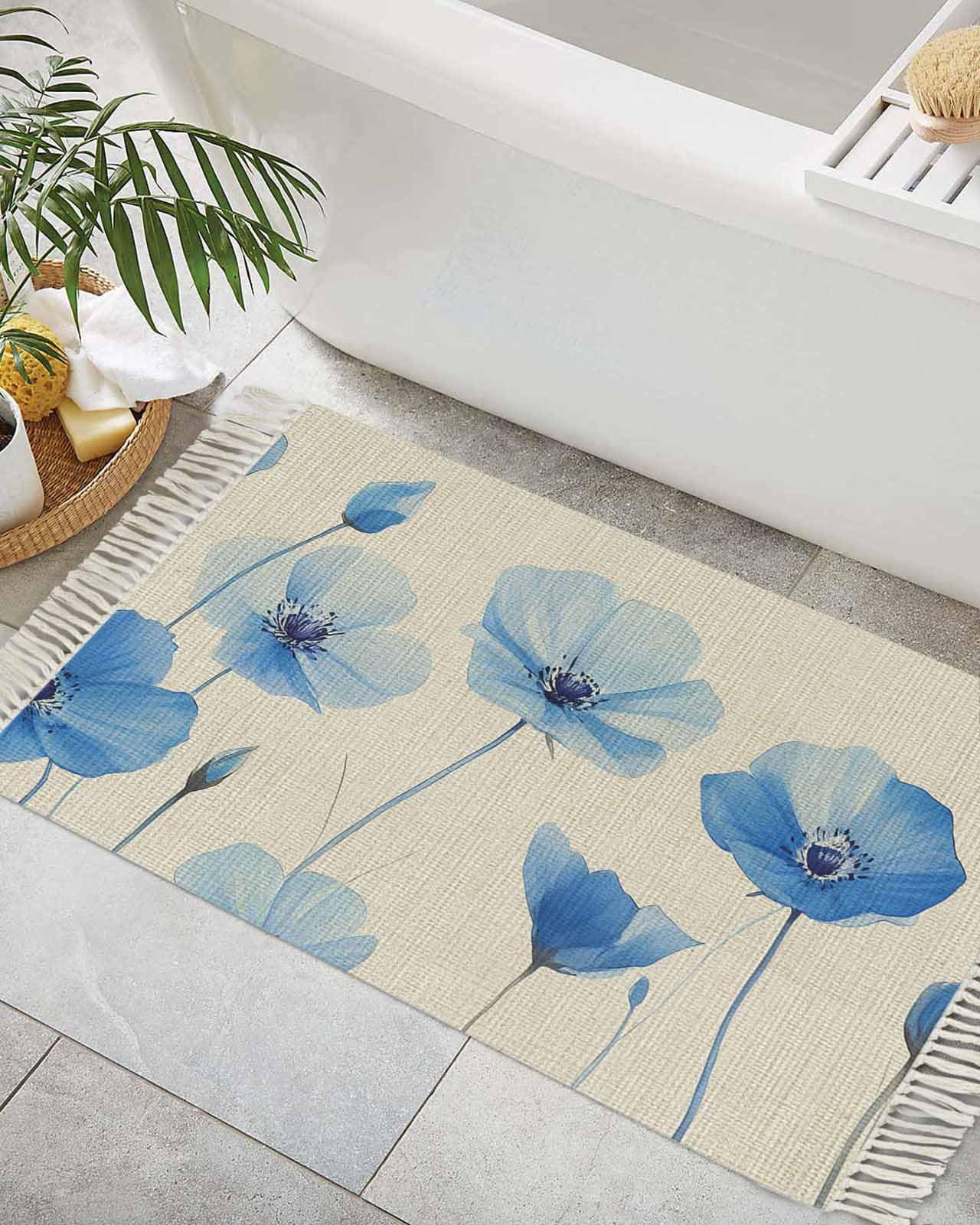 Runner Rug with Tassels 2'x3' Blue Poppy Spring Flowers Spring Floral Pastoral Style Woven Runners for Hallways Washable Rug Runner Area Rug Floor