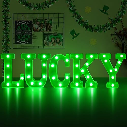 Tifeson Decoraciones del día de San Patricio, 5 letras LED de marquesina iluminadas con luz verde para decoración de fiesta de San Patricio (pilas