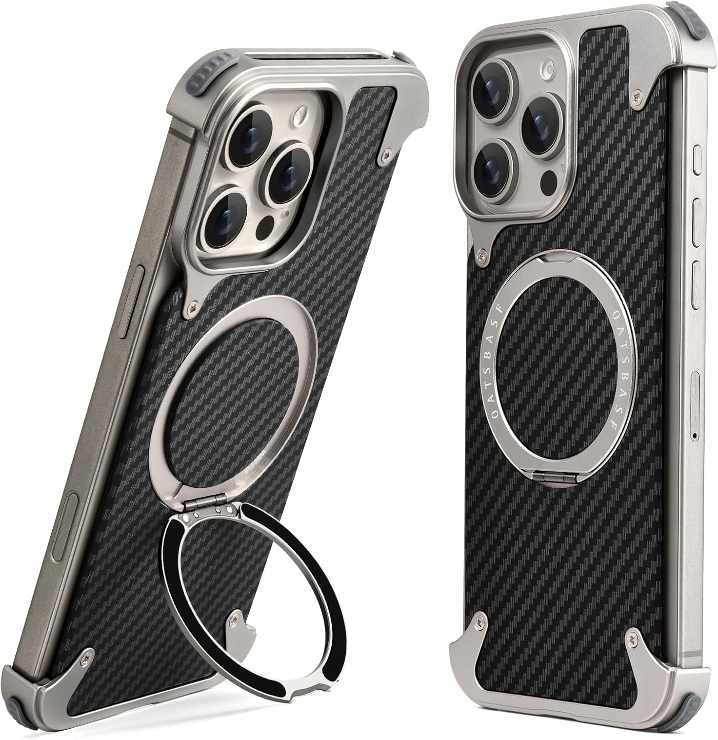 oatsbasf frameless for iphone 16 pro max 6.9" case, sleek minimalist protective shock absorption aerospace grade shells with 360 rotating kickstand, natural titanium