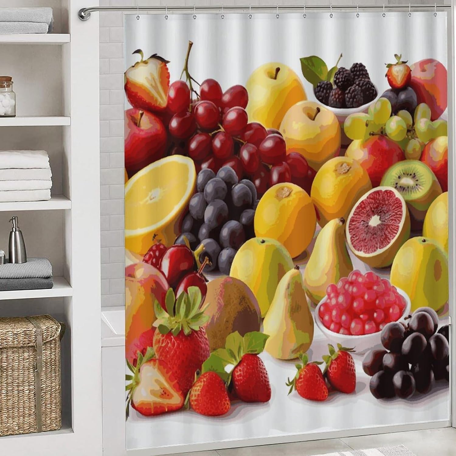 Fresh Fruits Shower Curtain Set 4 Piece, Non-Slip Bath Mat with Toilet Lid Cover and Waterproof Shower Curtain with 12 Hooks, Complete Bathroom Set for Home Decor