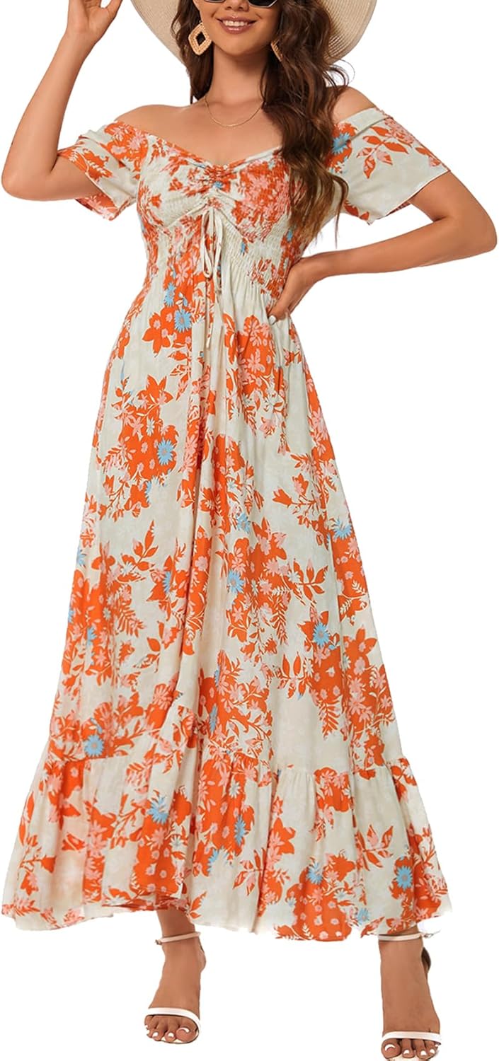 Women's Summer Casual Short Sleeve V Neck Smocked Elastic Waist Tiered Boho Floral Flowy Maxi Dress