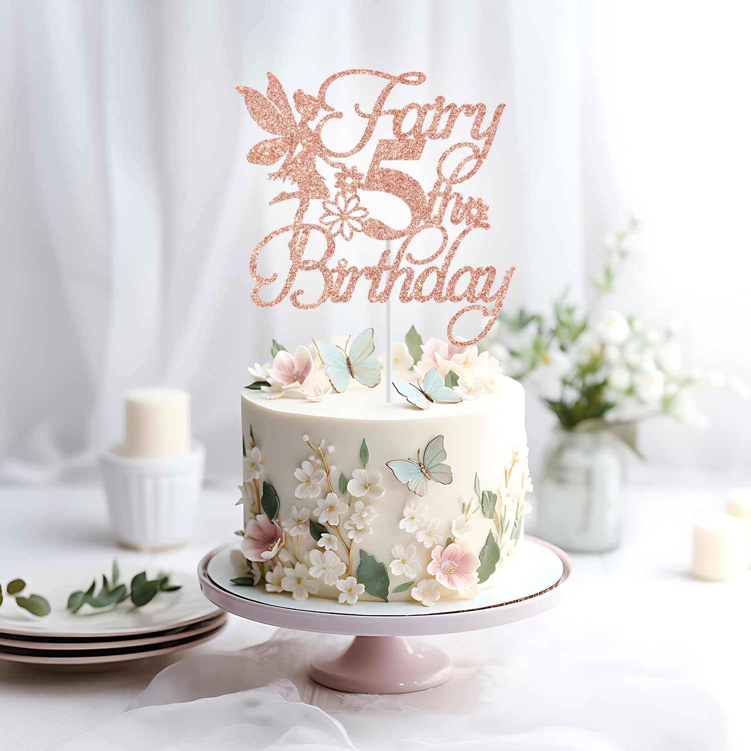 Fairy 5th Birthday Cake Topper, Fairy Happy 5th Birthday Decorations, Girls 5th Birthday Cake Decor, Floral Fairy Birthday Party Decorations, Rose Gold Glitter - Image 4 thumbnail