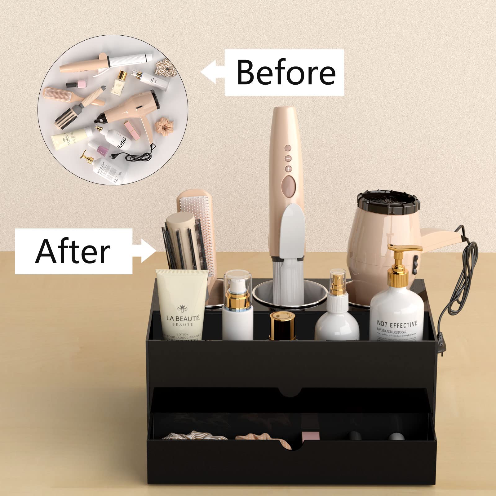 NIUBEE Haar-Werkzeug-Organizer Aus Acryl – Mit Edelstahlbechern, Für Föhn & Stylinggeräte