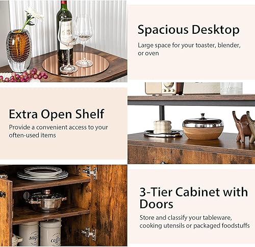 Miniatura 4 de Gabinete de almacenamiento industrial para bufé, gabinete de barra de café con 1 estante abierto, 2 puertas y 3 estantes interiores, gabinete de