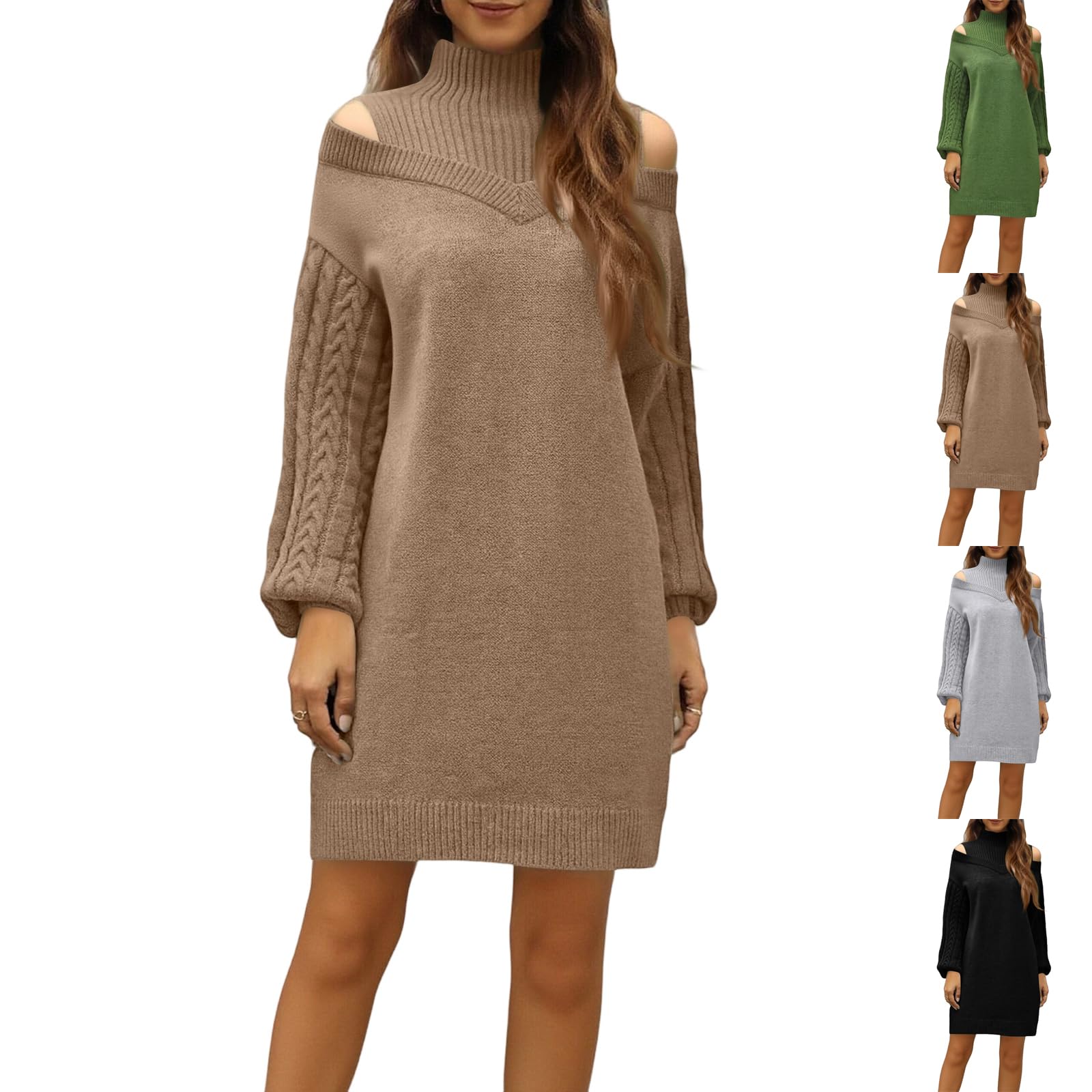 Womens Dresses Off The Shoulder Turtleneck Casual Long Sleeve Knit Sweater Dress Solid Color Fashion Clothing