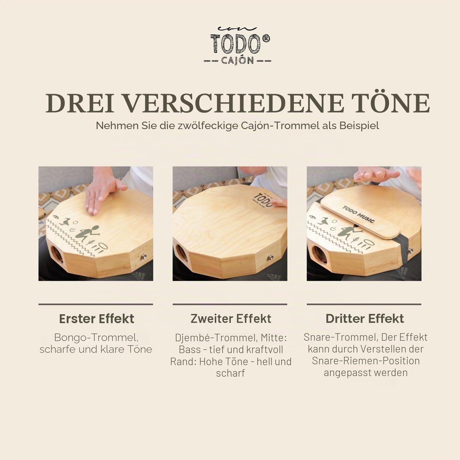 TODO Travel Cajon – Tragbares 3-Ton Box Drum mit einstellbarem Snare-System, handgefertigt inkl. Transporttasche, 40 × 36 × 11 cm (TODO 3in1 Travel Cajon The Nile Birch wood CTD-112 12-seitig)