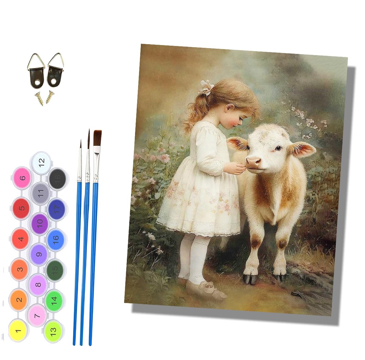 HONGPZH Paint by Numbers for Adults Painting by Numbers for Adults Canvas Kits Paint by Number Crafts Kits for Gift Home Decoration 16x20 inch The Girl Stroked the Lamb.
