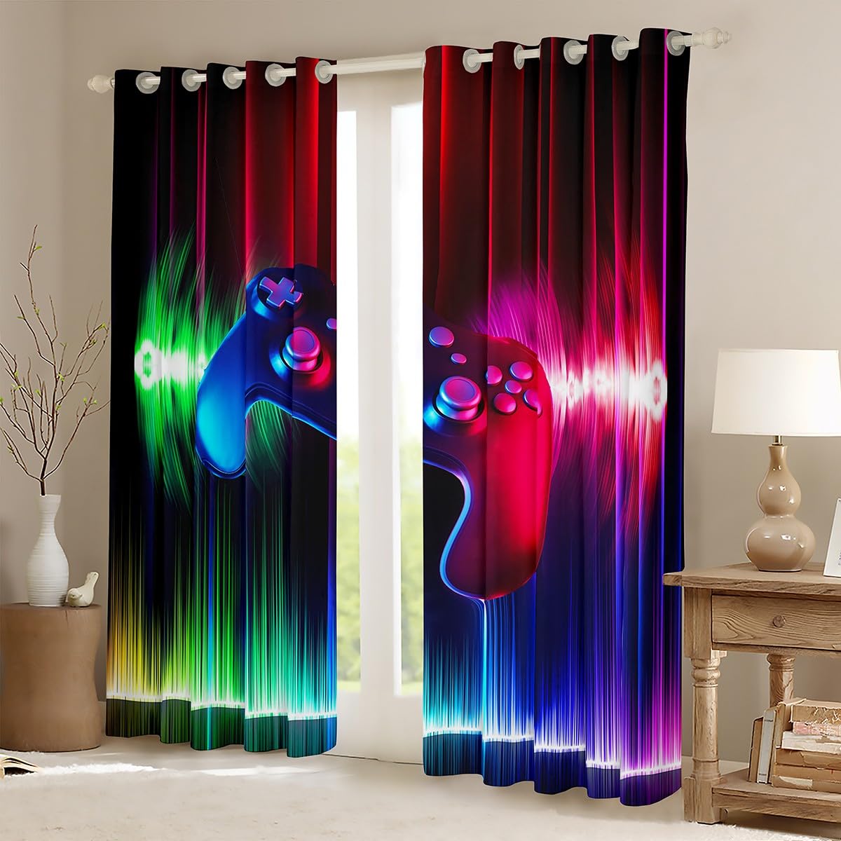 Gamer Thermal Insulated Drapes Rock Music Theme Curtains for Bedroom Gaming Curtain for Boys Teens Video Game Controller Window Treatment Red Blue W46*L54 - Image 2