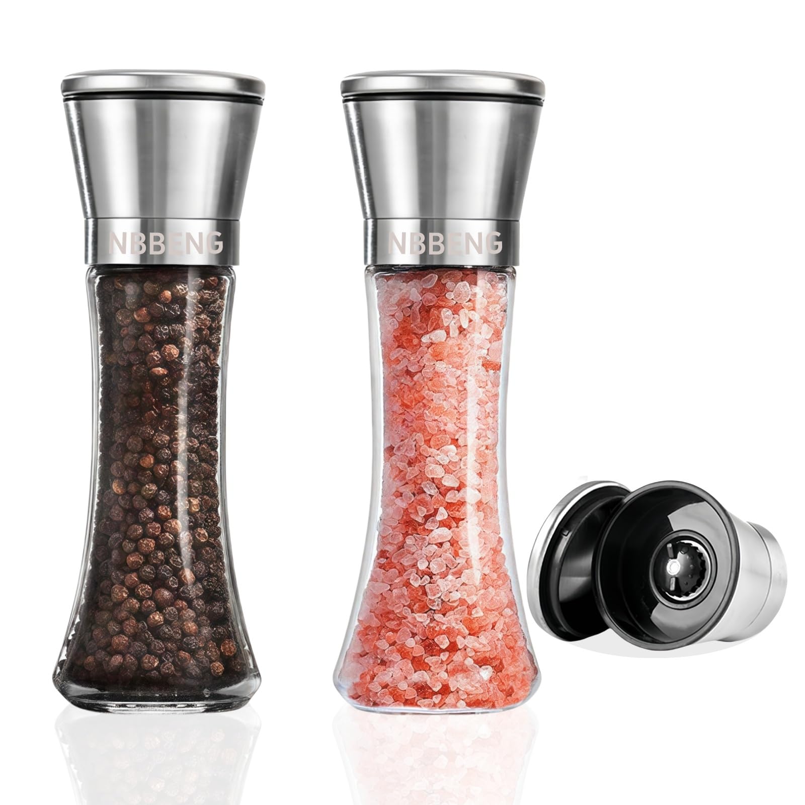 Salt and Pepper Grinder Set with Refillable Non-Corrosive Ceramic Grinder, Glass and Stainless Steel Spice Salt and Pepper Mill Grinders with Adjustable Coarseness, Easy to Use and Fill