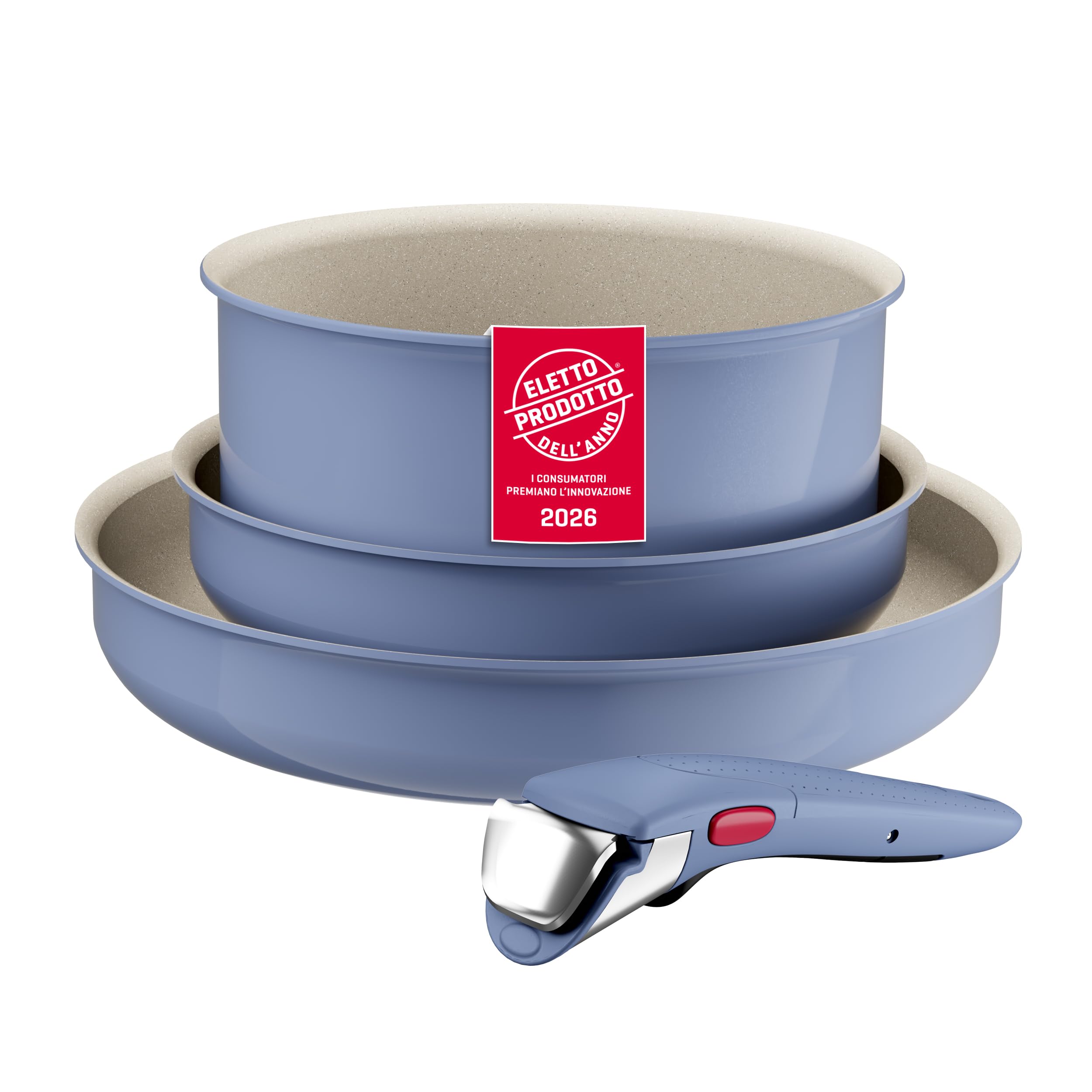 Lagostina Ingenio Pastel, Set di Padelle Antiaderenti 4 Pezzi con Manico Rimovibile, Compatibili con Induzione e Forno, Design Salvaspazio, Colore Nettuno