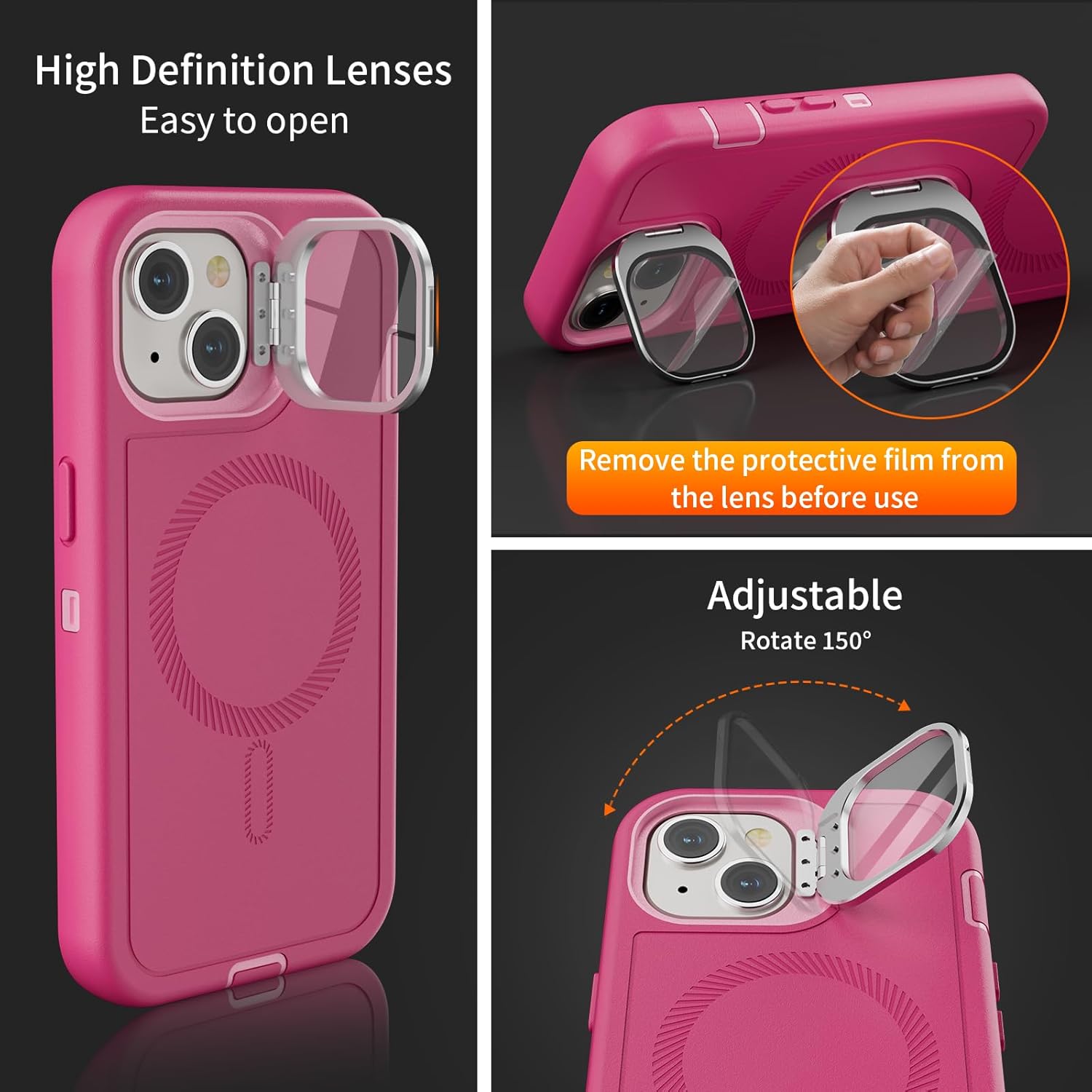 for iPhone 15 Case with Stand & Built-in Camera Cover, MagSafe Compatible, Heavy-Duty Shockproof Protection, Magnetic & Rugged Phone Cover for iPhone 15 6.1'', Hot-Pink - Image 6