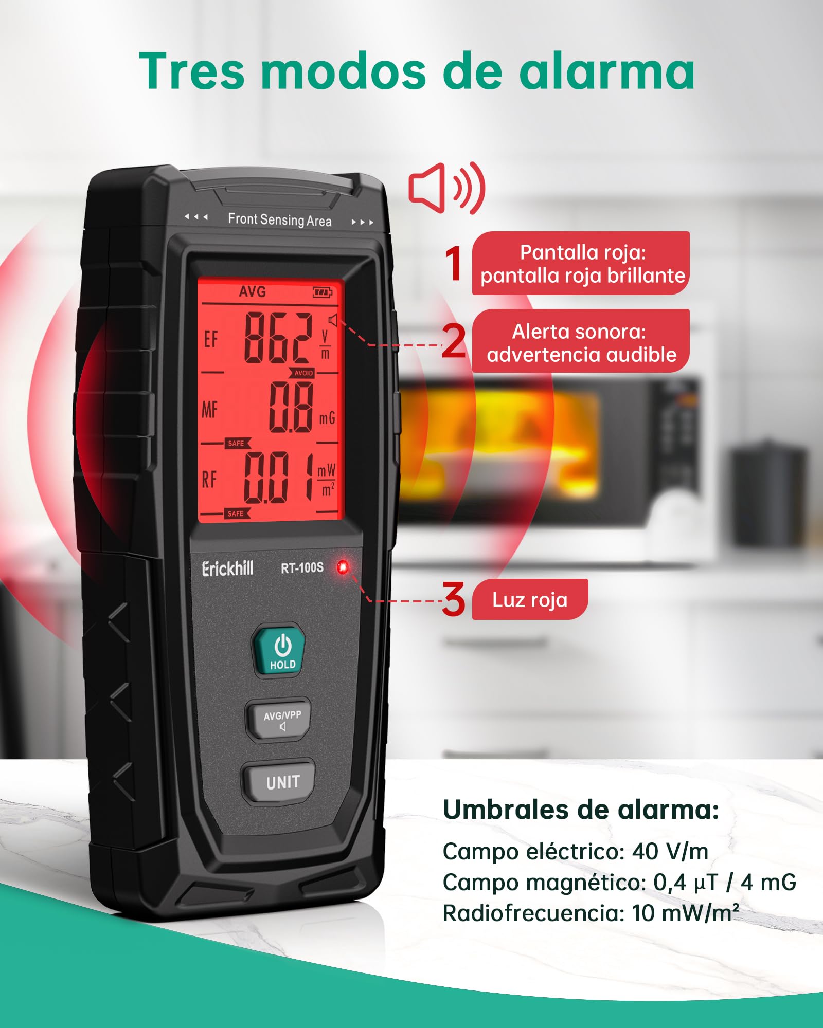 ERICKHILL Medidor EMF RT-100S, Prueba EF/MF/RF, Campo Magnético Recargable, Detector de Radiación de Interfaz Dual Digital/Gráfico, Pantalla LCD Digital, para Hogar, Oficina, Exterior