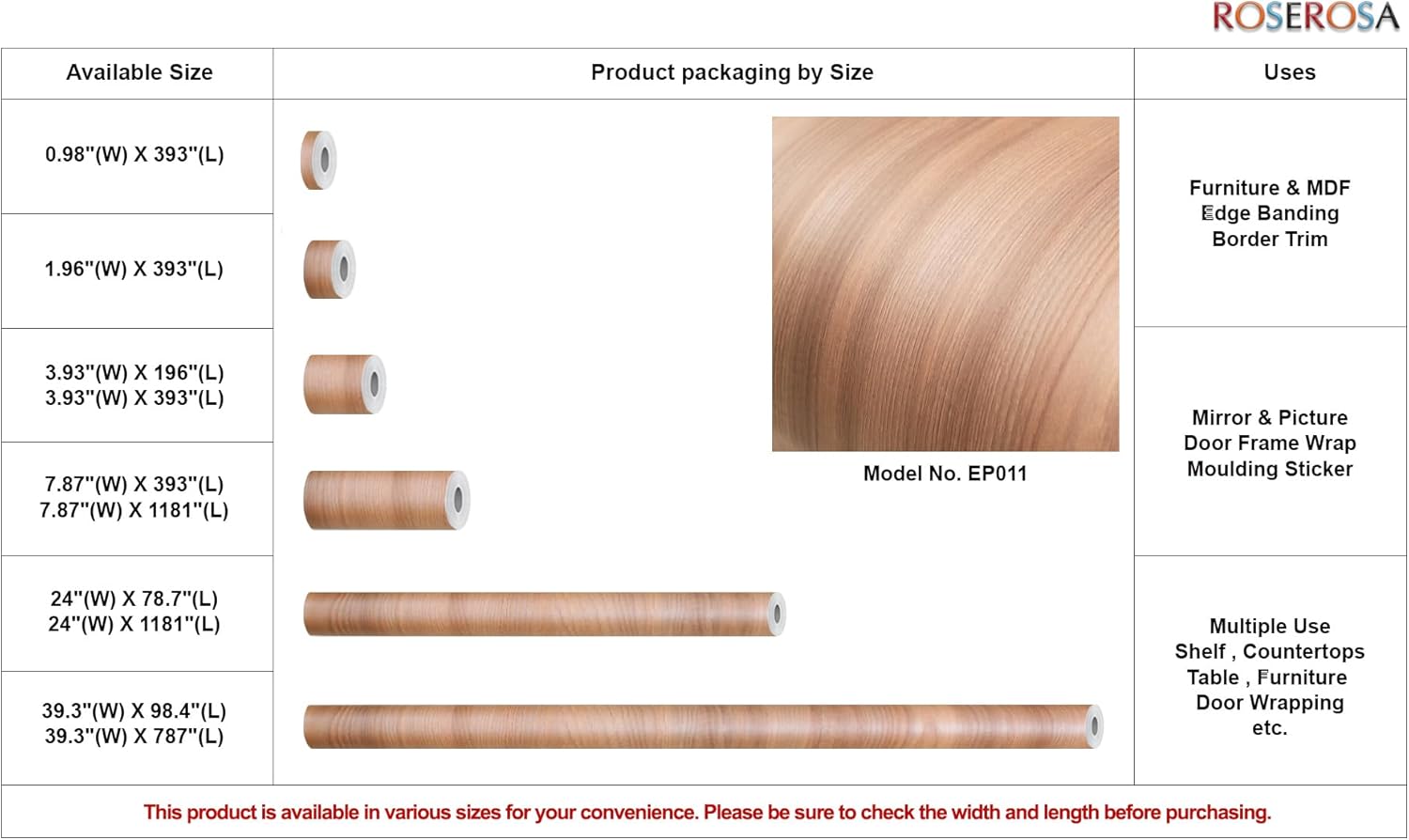 ROSEROSA Peel and Stick Premium Faux Wood Architectural Film Self-Adhesive Vinyl Film Wallpaper Door Wrap Counter Top Border Mirror Molding Trim EP011