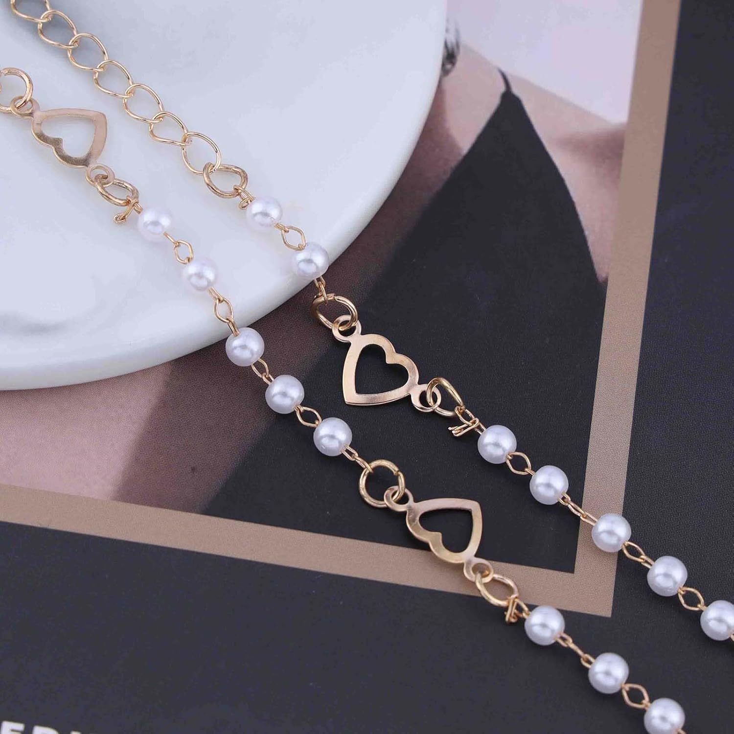 Andelaisi Boho Pearl Ankle Bracelet Gold Pearl Bead Anklet Bracelet Vintage Love Heart Anklet Minimalist Hollow Heart Anklet Foot Chain Jewelry for Women - Image 5
