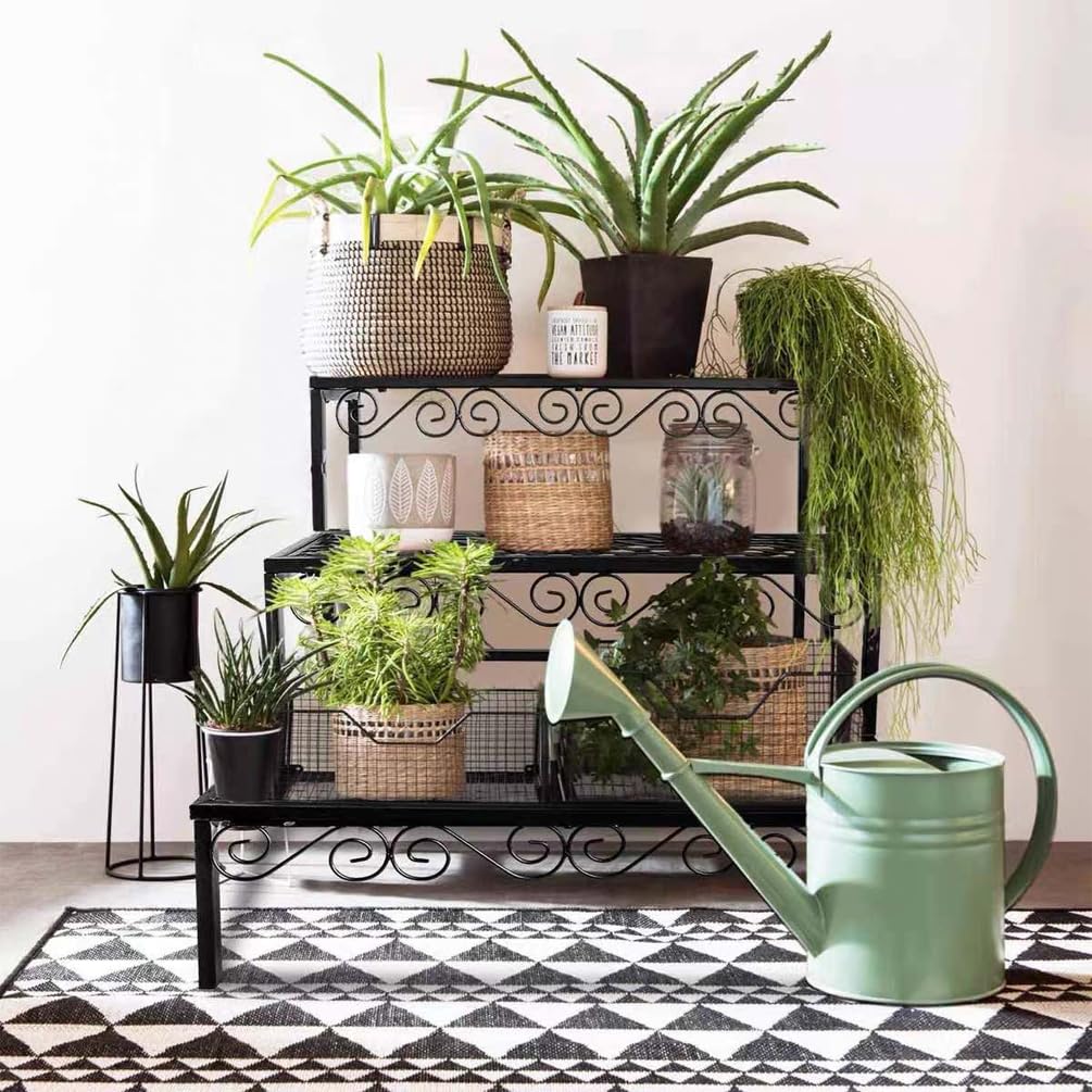 BAOYOUNI 3 Etagen Blumentreppe Blumenregal aus Metall Rechteckiges Pflanzenständer Pflanzenregal Blumentopfständer für Garten, Balkon, Terrasse, Indoor und Outdoor, Schwarz