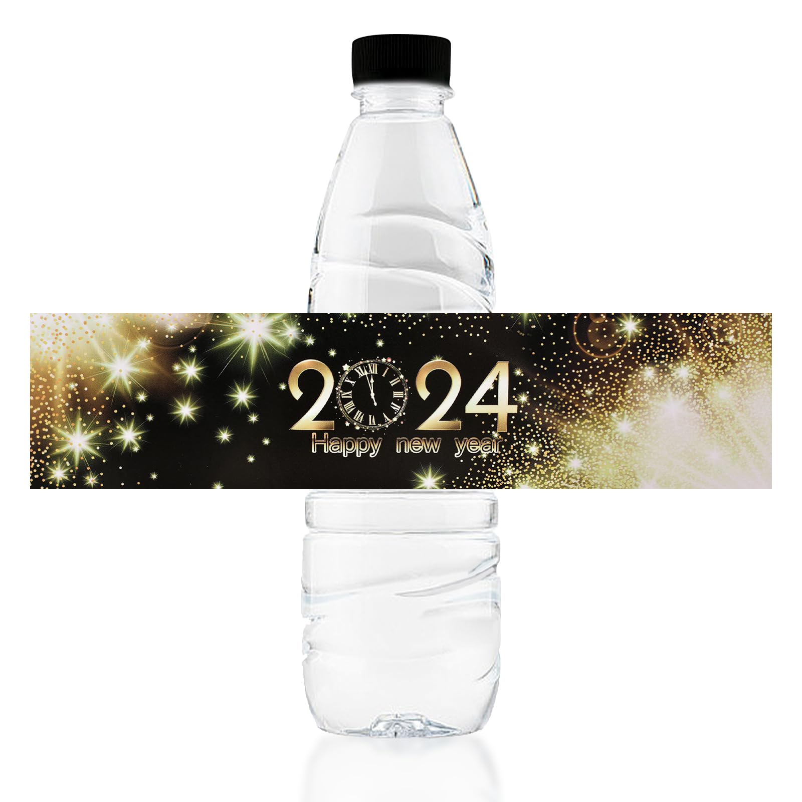 URROMA Water Bottle Labels Happy New Year, 50pcs Black Gold Bottle Label Stickers Self Adhesive Covers New Year Party Supplies