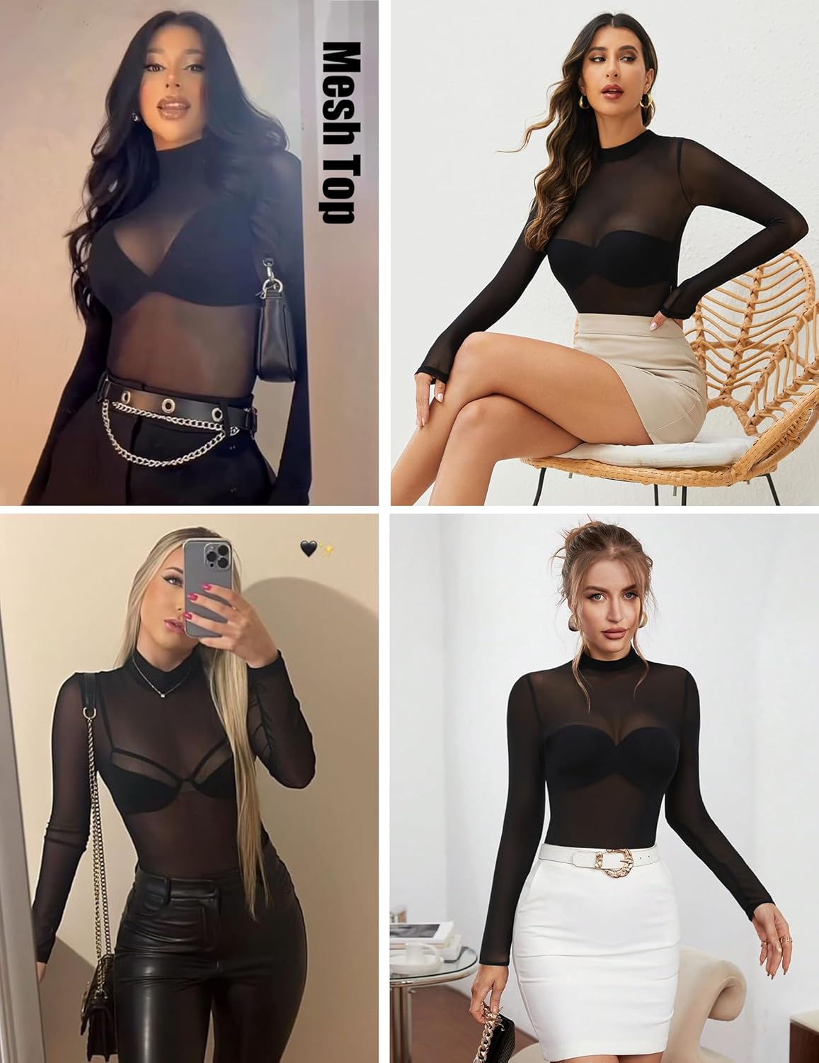 GAMISS Mesh Top for Women Long Sleeve Mock Neck Mesh Shirt Sheer Top Solid Floral Tee Shirts S-XXL - Image 4