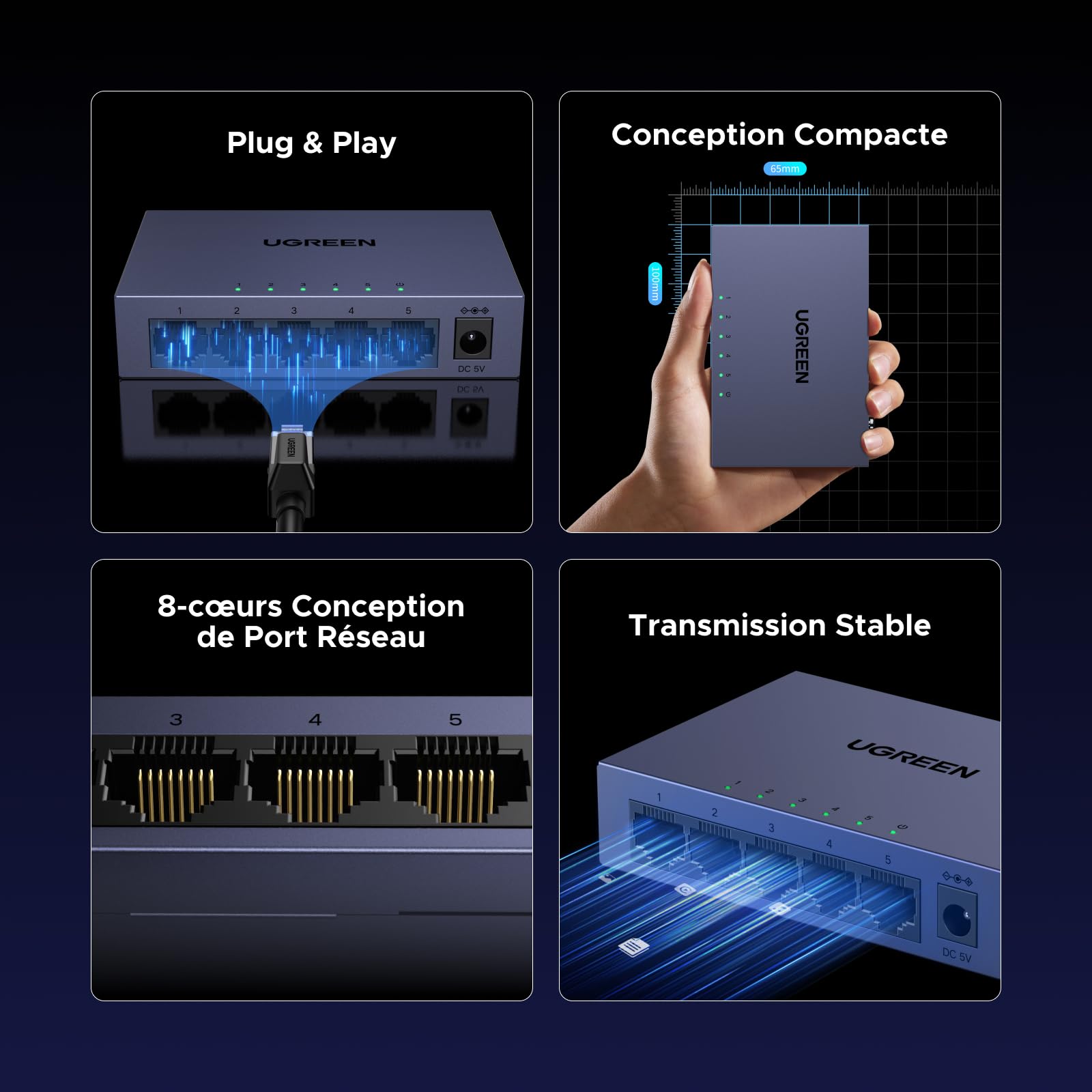 UGREEN 5 Ports Switch Ethernet Gigabit Hub Ethernet 1000Mbps Administrable Web Switch RJ45 Plug et Play Support VLAN QoS Link Aggregation IGMP Snooping Boitier Métal