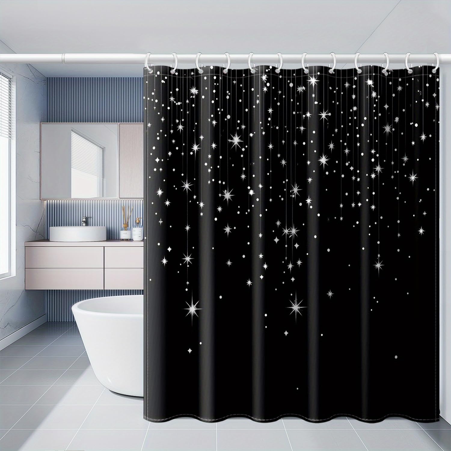 1 pezzo 180x220CM Fantasia del cielo stellato nero Tenda da doccia con gancio, in poliestere, per finestre e pareti, vasca da bagno, bagno, lavabile in lavatrice, universale per tutte le stagioni.