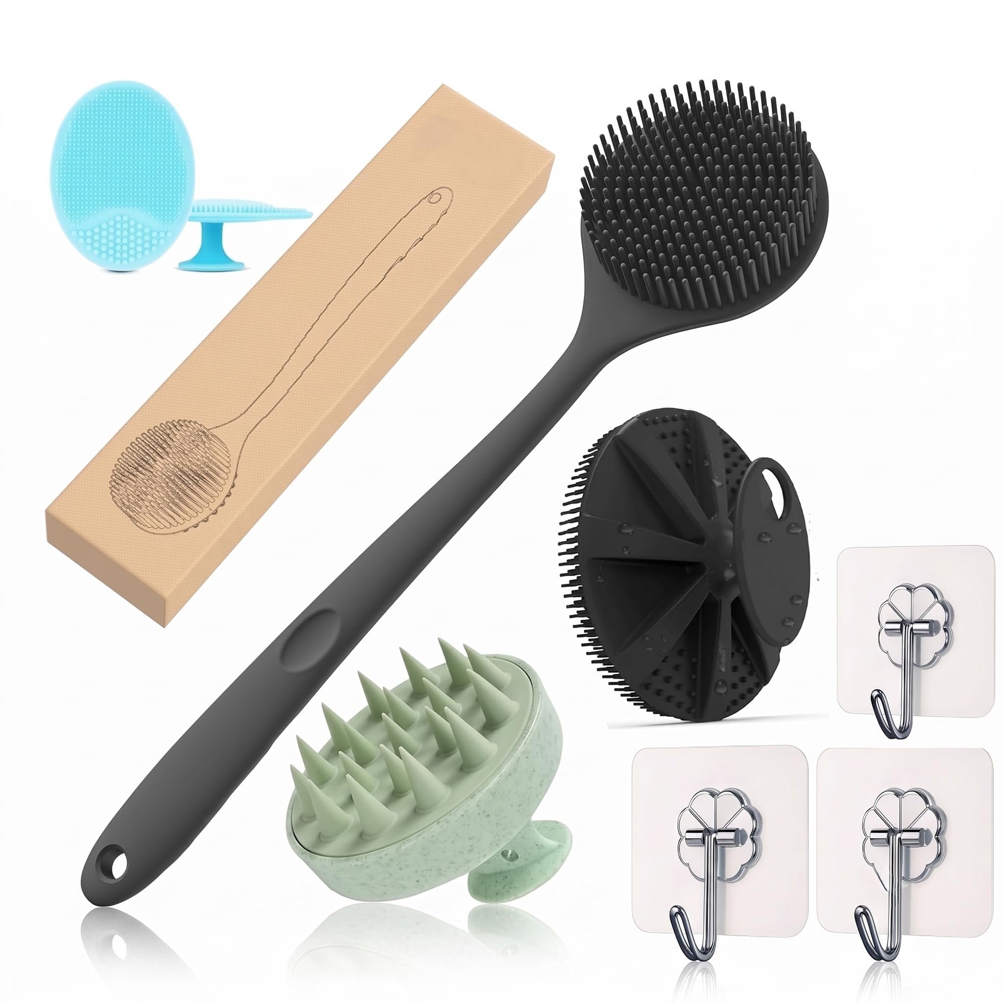 GYVM 7 in 1 Bath & Beauty Care Kit | Silicone Back Scrubber with Long Handle, Body Scrubber, Scalp Massager,Face Cleansing Brush,Self Adhesive WallHook | Exfoliating Shower Accessories for Men & Women-picture-33
