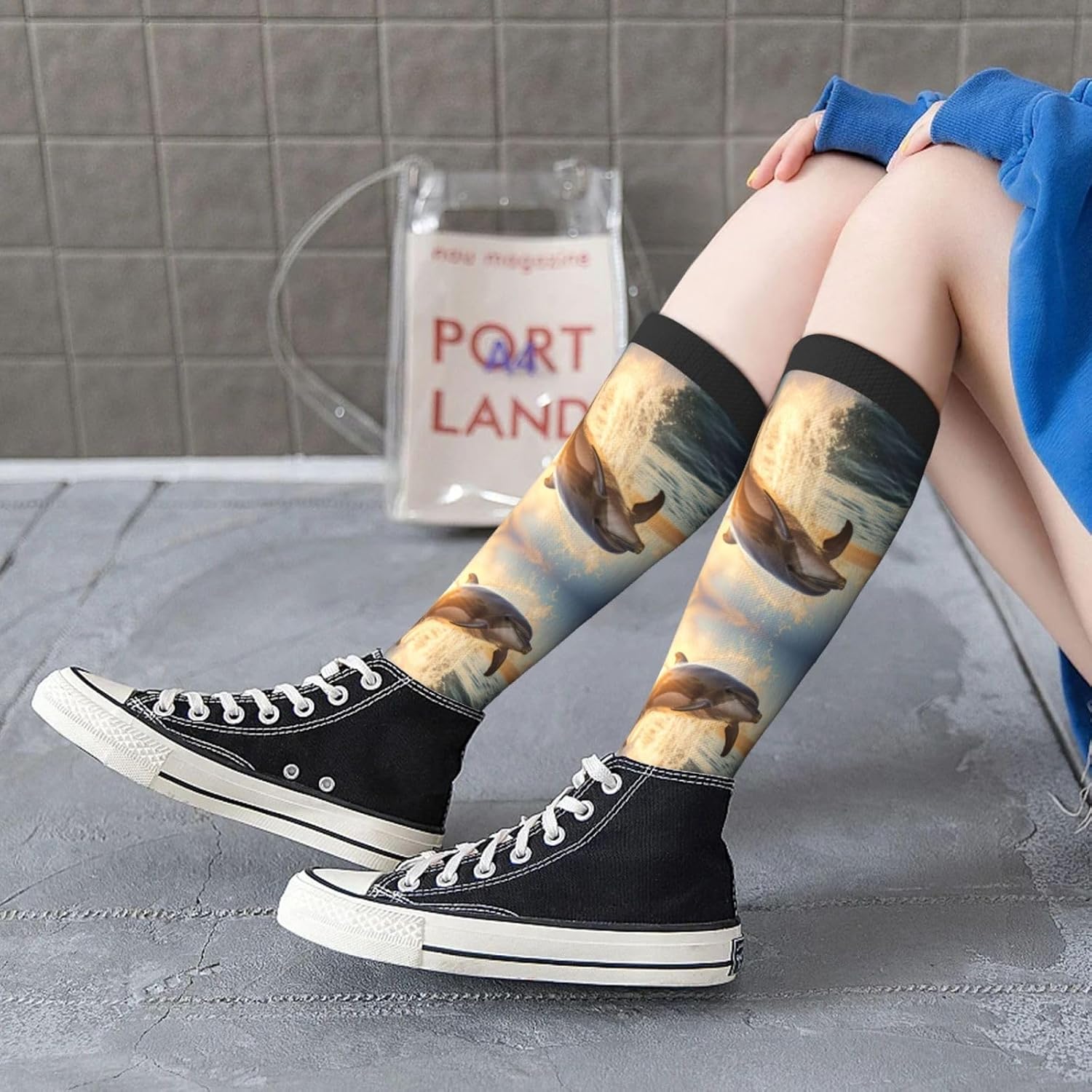 Dolphin Print Breathable Crew Neck Athletic High Socks,Suitable For Sports,Running,And Travel.