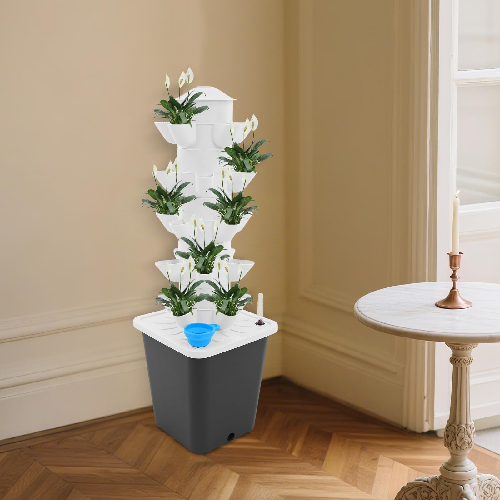 5 poziomów, hydroponiczny system uprawy z 25 otworami na rośliny, pionowy zestaw do uprawy hydroponiki, wieża hydroponiczna ze zbiornikiem na wodę 10 l, bezglebowy system do uprawy na balkon, do