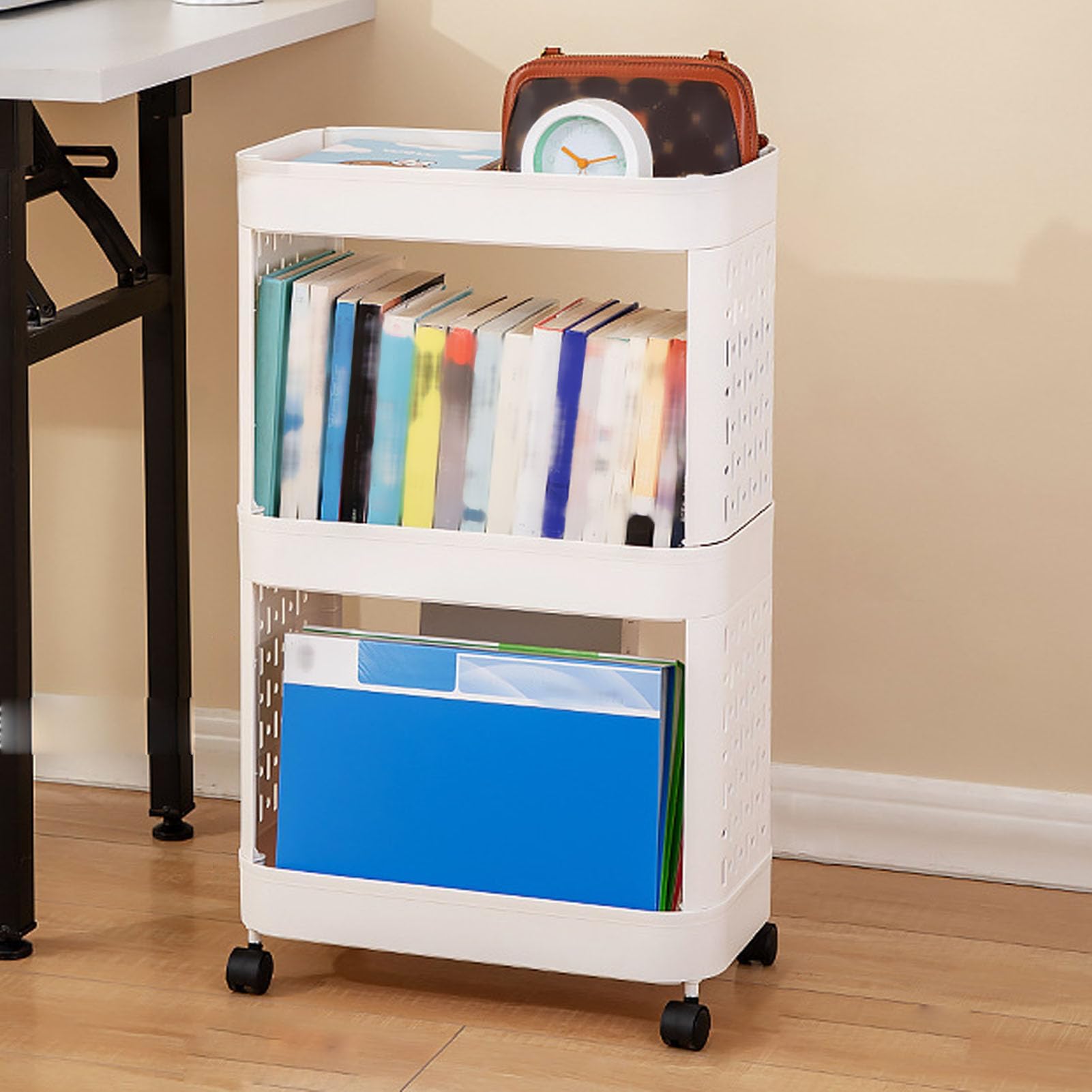 Scaffale per libri mobile in plastica con ruote, carrello portaoggetti sottile con rotelle a 2/3/4 livelli Carrello per libreria mobile per stoccaggio, aula, cucina, 3 livelli