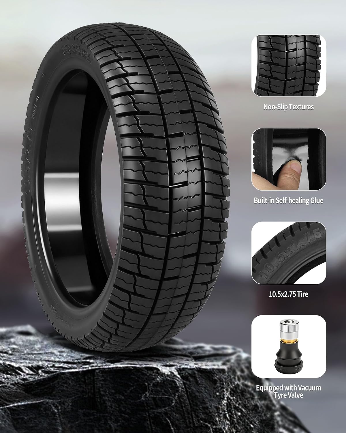 10.5x2.75 Tubeless Tire 10 Inch for Segway Ninebot P65 P100 P100S Electric Scooter, Self Repairing, Thicken Tires, Non-Slip, Spare Wheels for Kickscooter Accessories, Type 1, 1 Pack