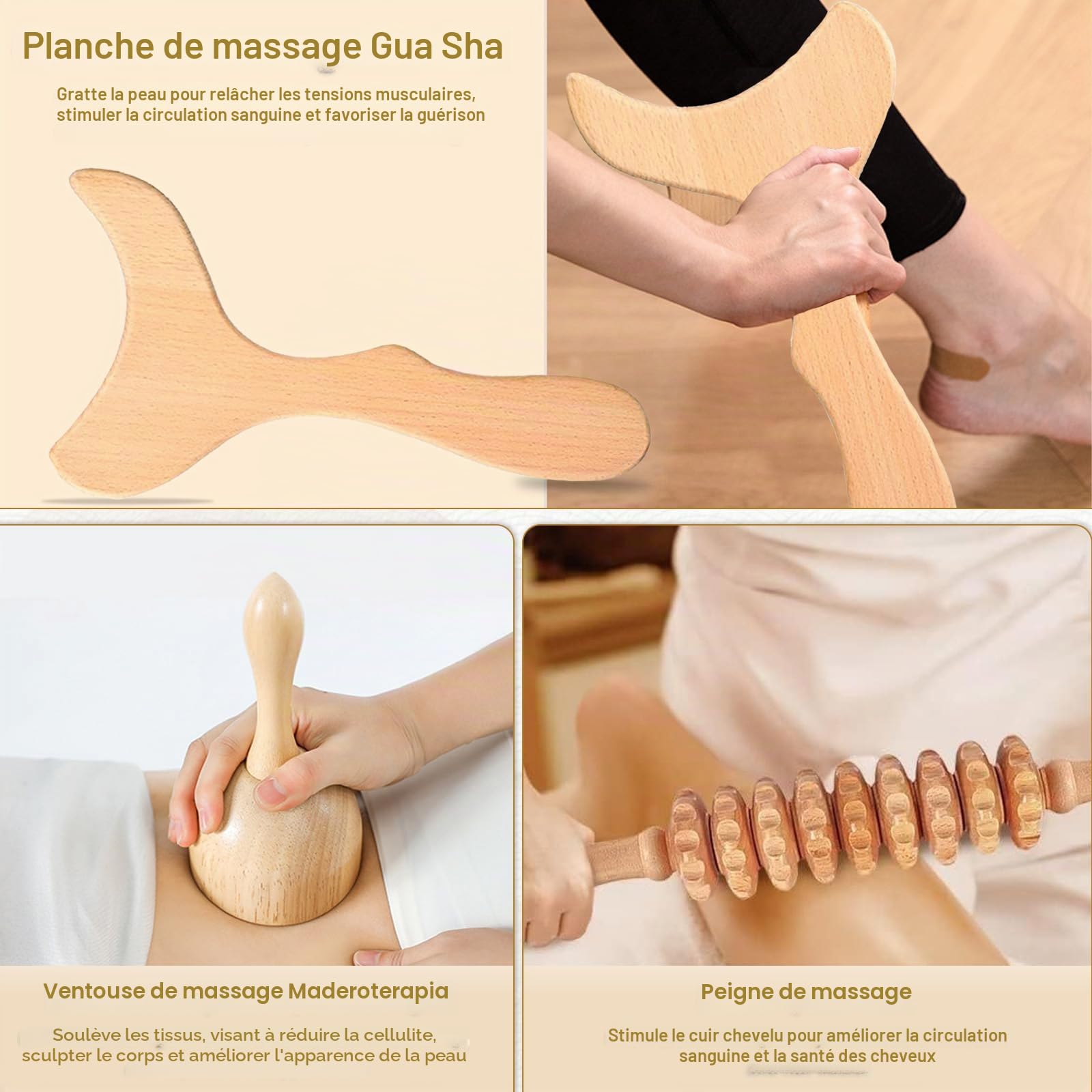 Ensemble d'outils de massage 6 en 1 pour thérapie du bois, kit de drainage lymphatique de bois avec rouleau de fascia, Gua Sha, outils de sculpture corporelle pour contourner et façonner