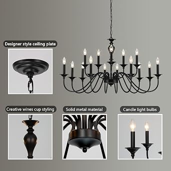 15 Light Black Farmhouse Chandelier, Large Chandeliers for Dining Room 43 | Chandelier Light Fixture Over Table, Industrial Candle Hanging Lighting for Living Room Kitchen Foyer Staircase Hallway