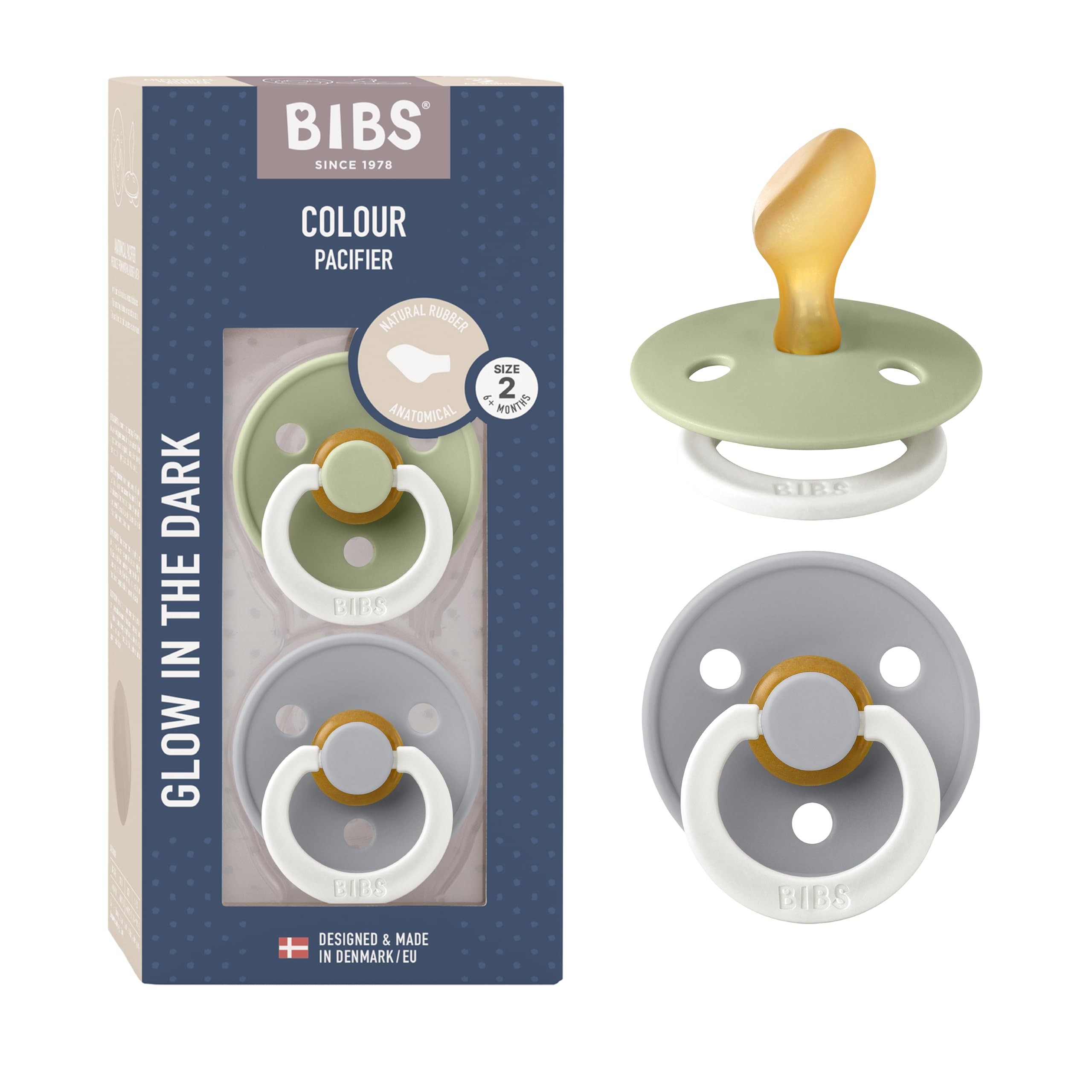 BIBS Colour Anatomical Glow Pacifiers Pack of 2, BPA Free, Glow in the Dark, Orthodontic Shape, Natural Rubber/Latex, Made in Denmark. Size 2 (6-18 Months), Sage/Cloud