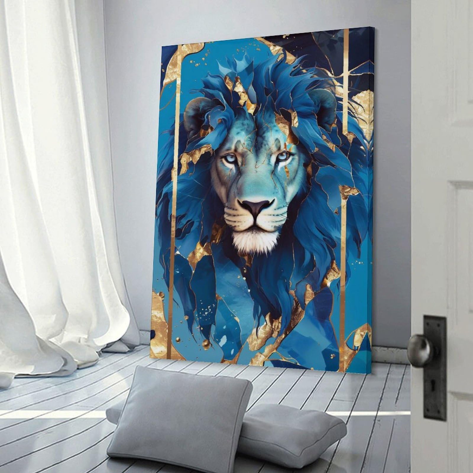 Junmoney Home Decor Wall Art Blue And Gold Lion Portrait, 24x36inch(60x90cm), for New Homes, Bedrooms Or Workspaces, Home Decor Gift with Stylish Appeal