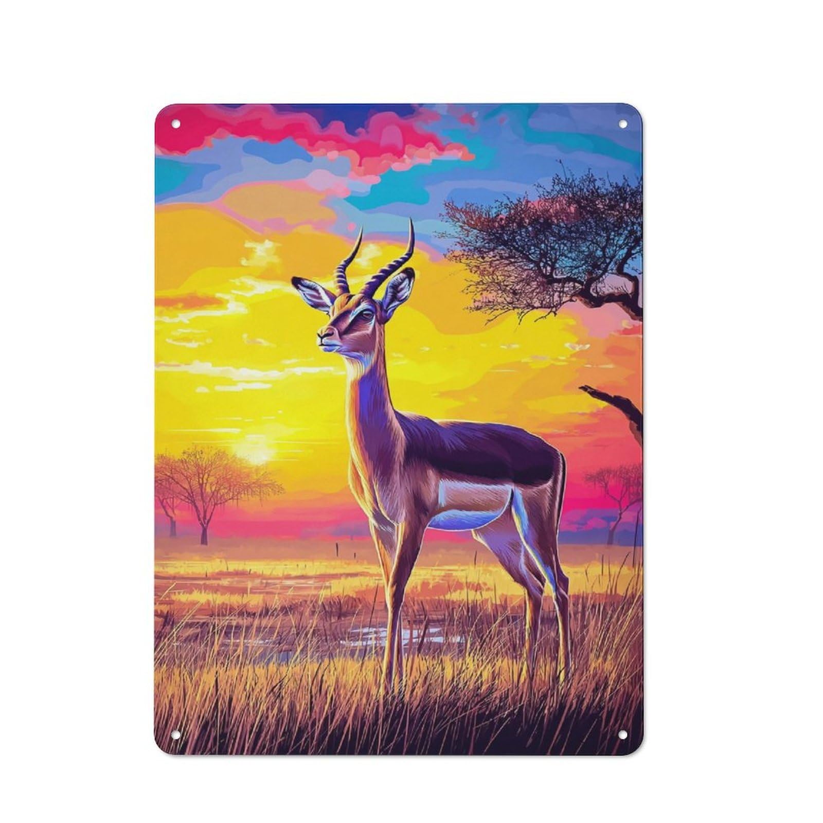 Junmoney Colorful Sunset With Antelope Retro Metal Sign With Design 40X30cm, Distressed Look Retro Room Decor For Living Room, Hallway, Kitchen Or Cafe