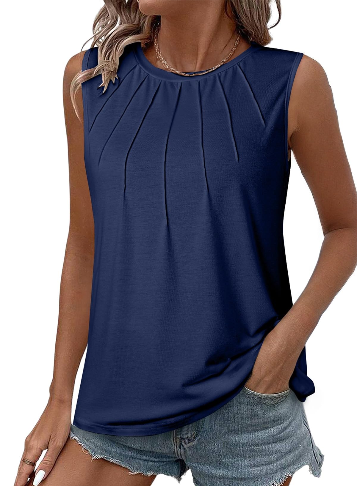 BLENCOT Women 2025 Fashion Casual Sleeveless Tank Tops Summer Crewneck Ruched Pleat Flowy Tee Tops for Women