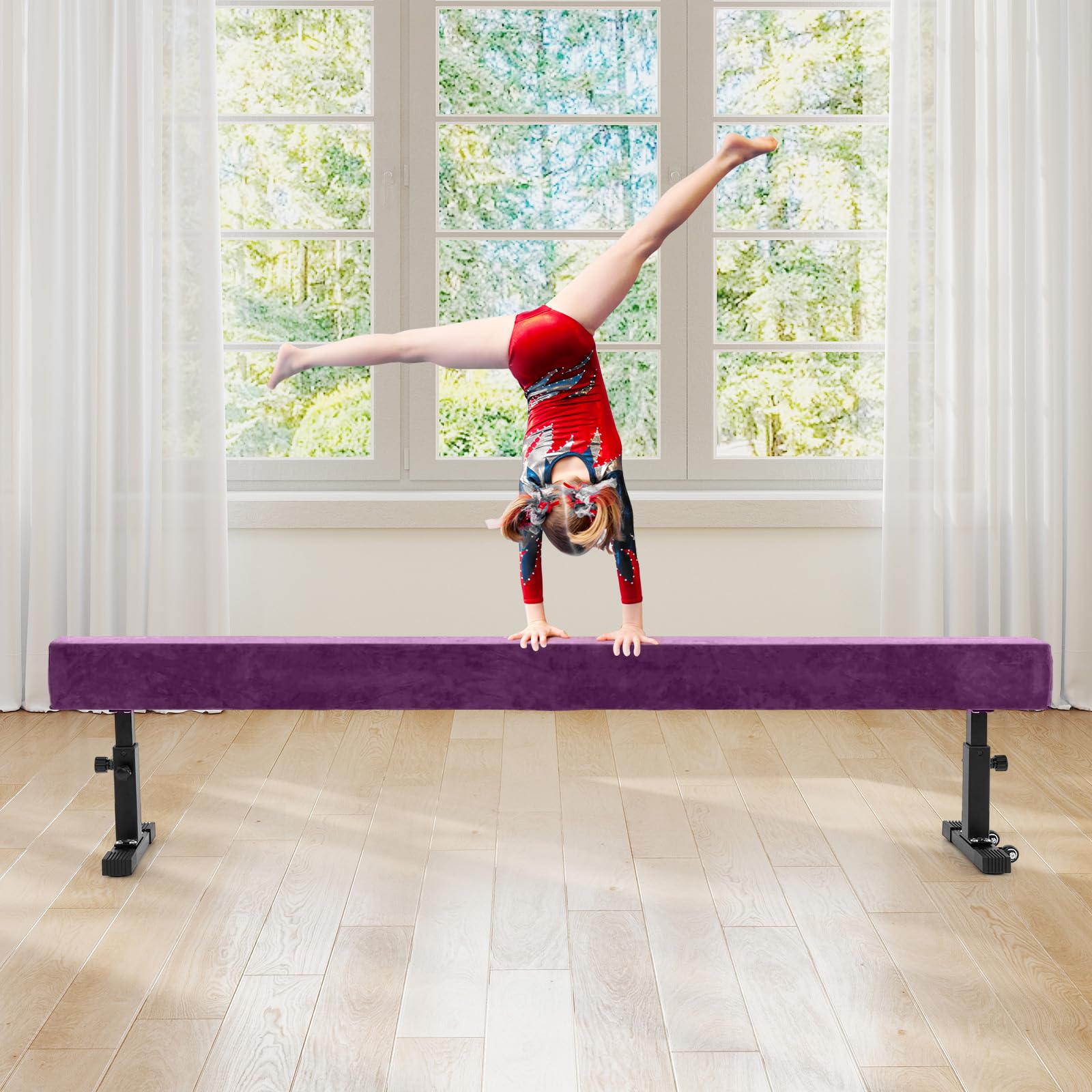 COSTWAY 226 cm Schwebebalken mit 3 Höhen verstellbar, Gymnastikbalken, Heimtrainingsgerät mit robusten Metallbeinen & Rädern, Balancierbalken für Anfänger und Profis (Lila)