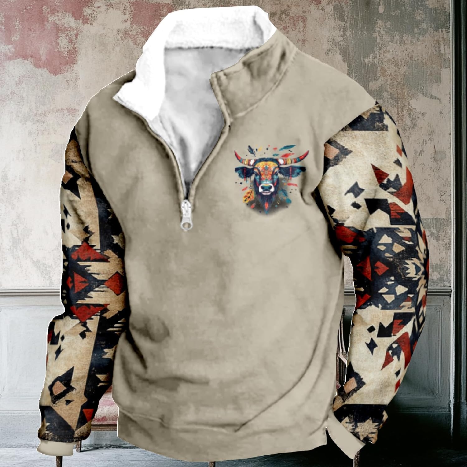 MARSVOVO Aztec Cowboy Hoodies Mens Quarter Zip Fleece Hoodies Long Sleeve 1/4 Zipper Fall Winter Vintage Jacket - Image 2