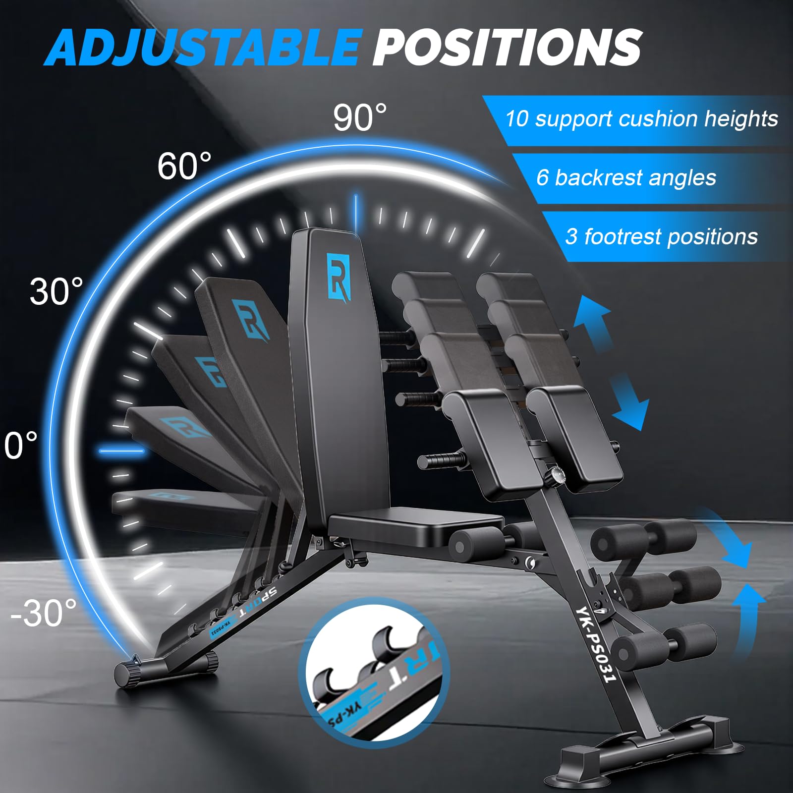 Banco de musculación - Permite entrenar en posición horizontal, inclinada, declinada, vertical, etc. - Banco musculación plegable - Para entrenar en casa y oficina - Capacidad de carga: 300 kg.