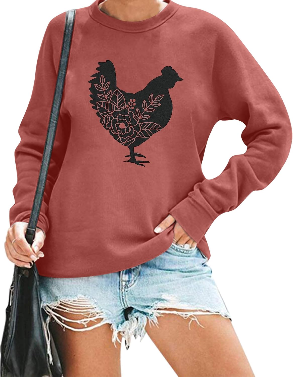 FASHGL Chicken Sweatshirt for Womens Funny Chicken Mom Long Sleeve Shirts Cute Farm Crewneck Pullover Tops
