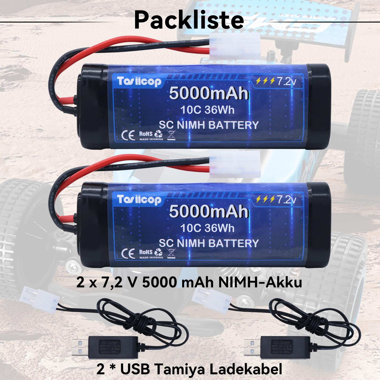 Batteria RC NiMH 7,2 V 5000 mAh – 7,2 Volt RC Auto Batterie compatibili con spina Tamiya Telecomando Auto Batteria per Remote Control Car Camion Monster Trucks Boot Buggy Aeroplane 2 pezzi