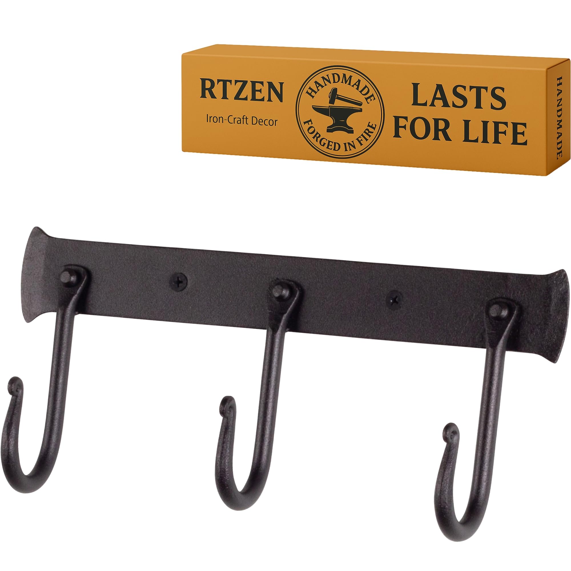 RTZEN Wall Mount Hook Set - Wrought Iron Decorative Rustic Metal Coat Hooks for Hanging - Handcrafted Classic Farmhouse Wall Mounted Black Hooks for Towel Robe or Hat Hanging - 3 Hook Rack