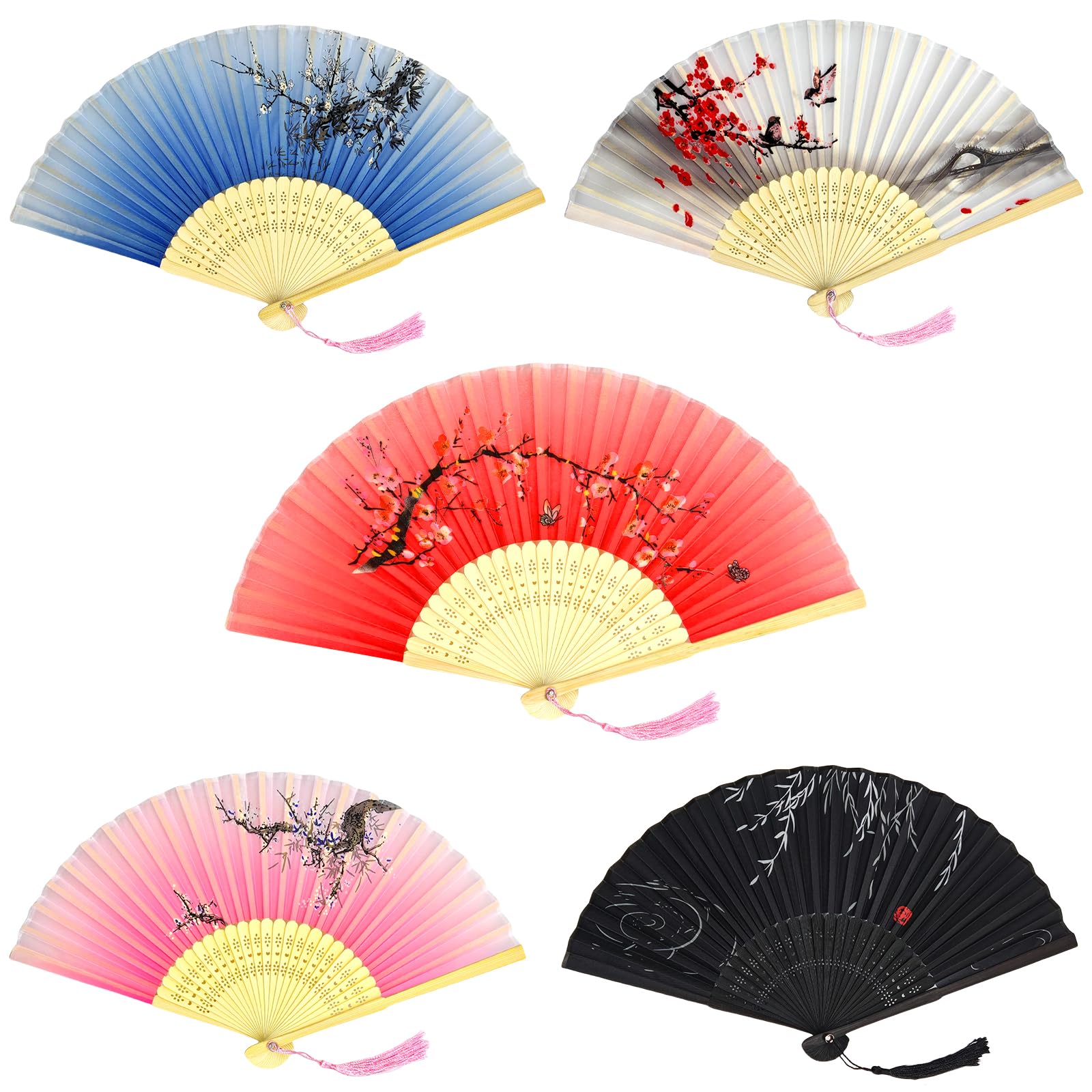 5PCS Foldable Hand Fan for Line Dancing, Silk Fans, Popping Fan, Boots on The Ground Fan, Cosplay & Decor |Vintage Japanese& Chinese Style Bamboo Silk for Women/Men/Kids