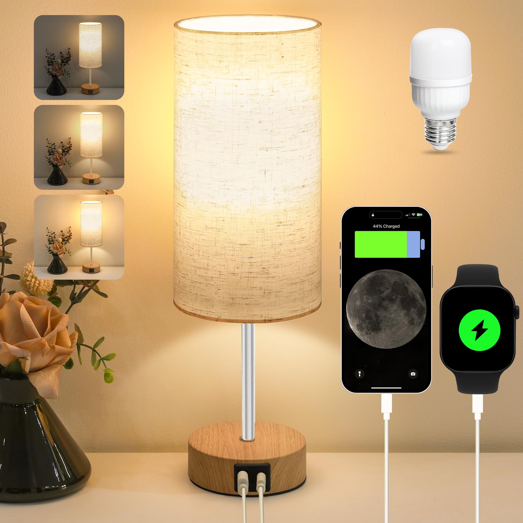 Aomeya Bedside Lamps, Table Lamp for Living Room Bedroom, Touch Lamps Bedside with USB A+C Charging Ports, Dimmable Small Lamp with Fabric Shade for Kids Room
